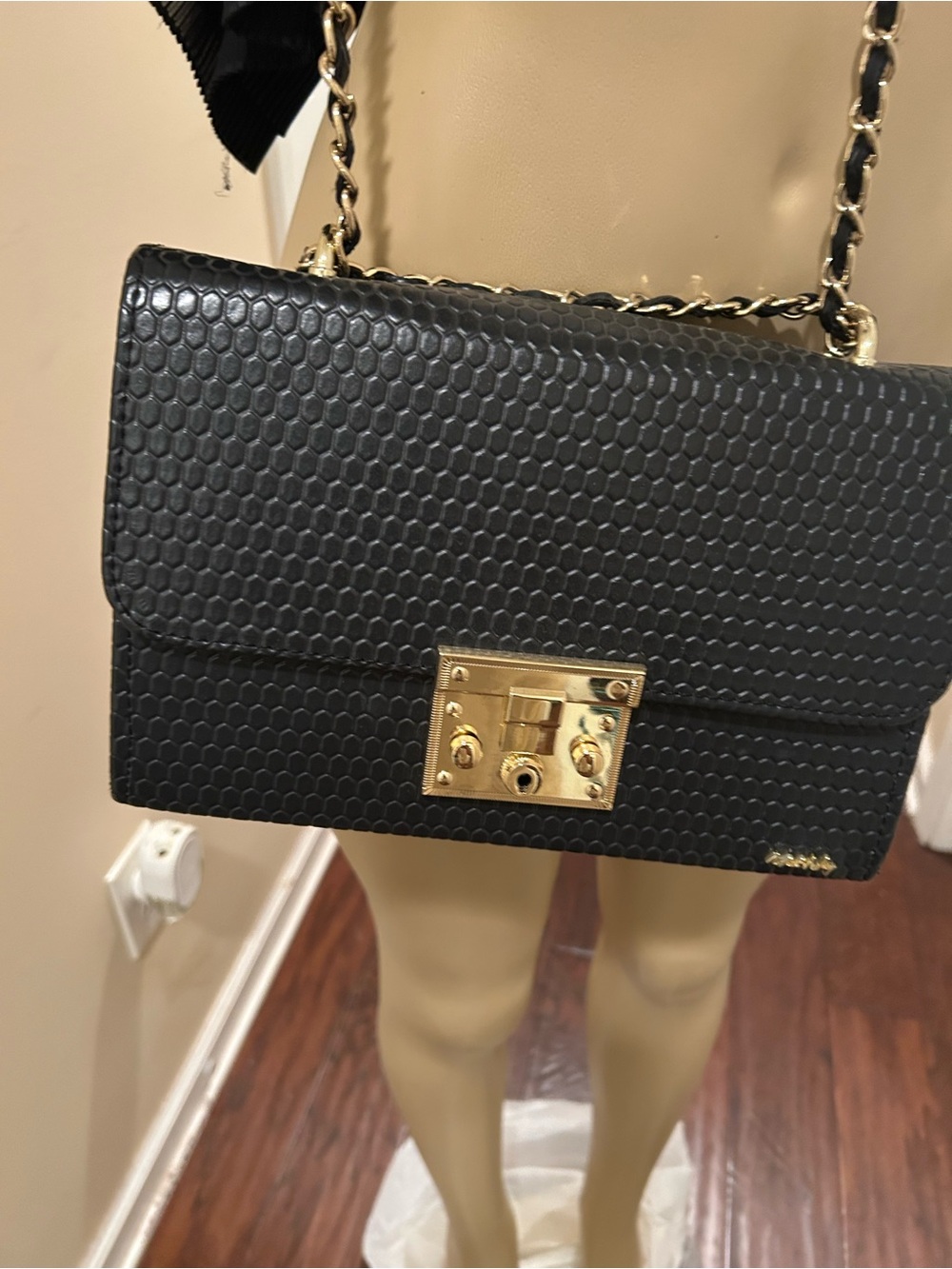 Black Textured Chain Shoulder Bag with Gold Hardware